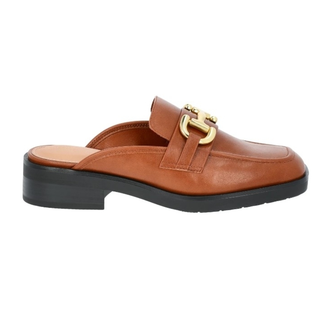 Time and Tru Tan Mules with Gold Buckle